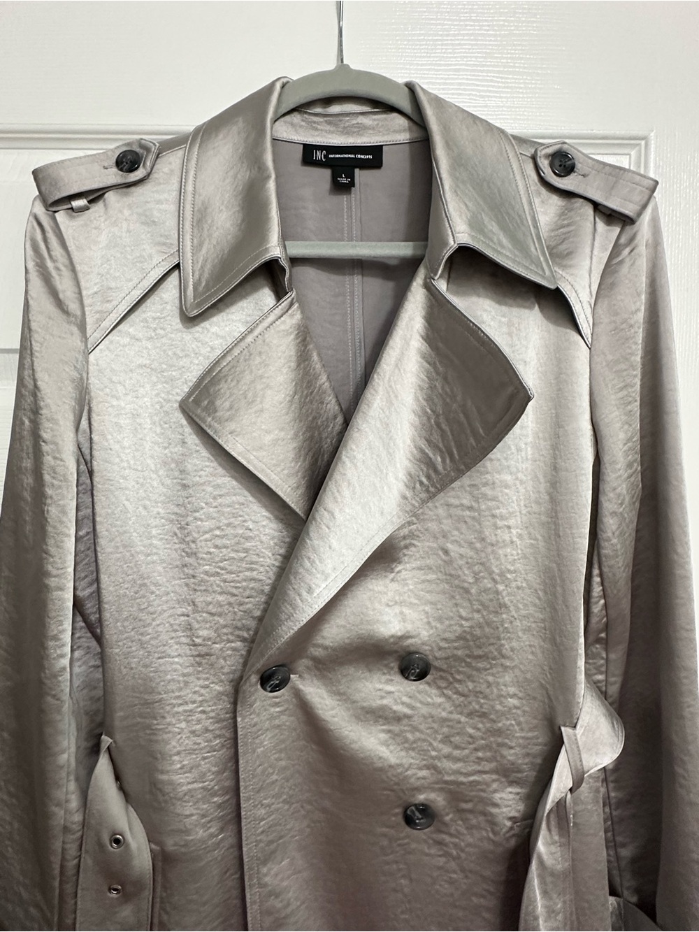 INC International Concepts Silver Satin Trench Coat